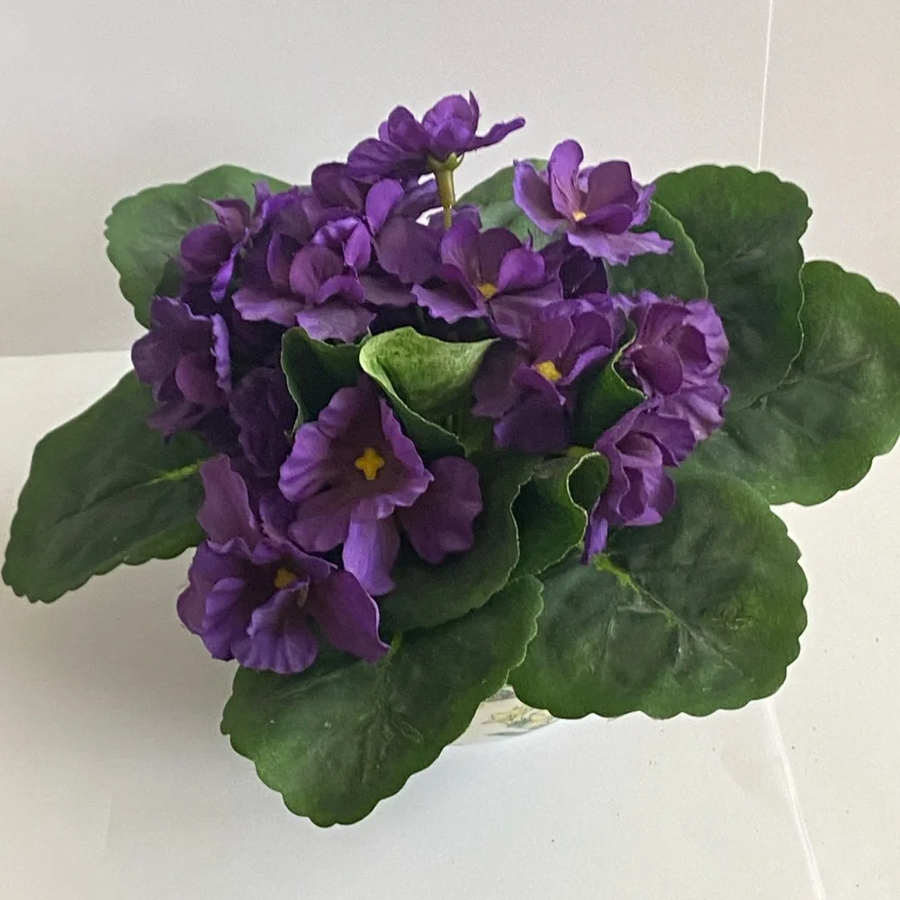 Artificial Purple African Violet in Hand Painted Ceramic Oriental Design Planter